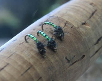 3-pack "Poison Tung" variant, fly fishing flies, hand-tied flies, midge flies, nymph flies, Trout flies, wet flies