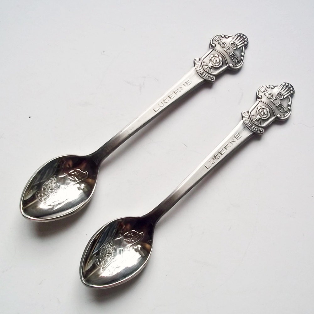 2 Vintage Rolex Bucherer Lucerne Silver Plate Souvenir Spoons