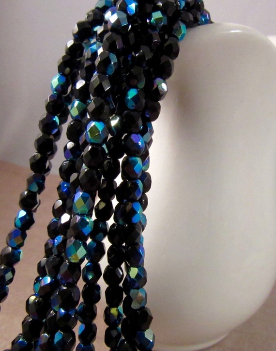 ICELAND SKY 4mm Firepolish AB Jet Czech Glass Faceted Rounds Aurora