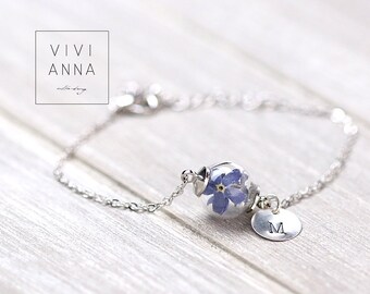 Remember•Personalized bracelet with real forget me not,custom•925 sterling Silver,gold filled•rose gold filled•engraving•gift for her A050