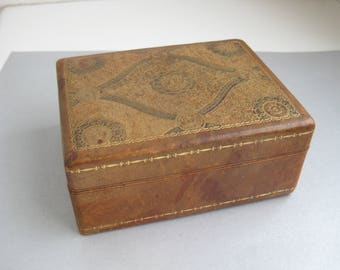 antique vintage leather Jewelry casket box gold painted