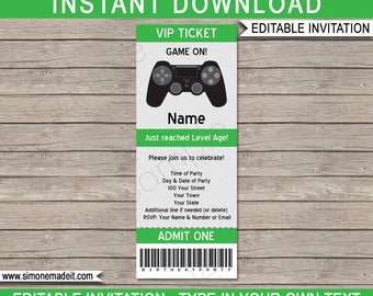 Video Game Ticket Invitation Template - Printable Video Game Birthday Party Invite - Gamer Theme - INSTANT DOWNLOAD with EDITABLE text