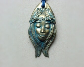 Freya pendant. Norse goddess. Viking. Polymer clay coated in brass and verdigris. OOAK