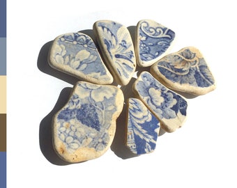 Scottish sea pottery pieces, blue and white surf tumbled beach pottery shards, washed up on the Edinburgh beach 0846