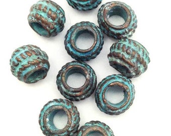 Beads, 6mm, 10 pieces, green patina, ring, Metallp