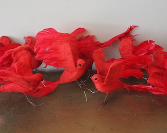 Lot of 8 Vintage Spun Cotton Red Christmas Birds Spun Cotton Floral Red Birds Vintage Spun Cotton Birds