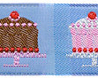 CAKES on Blue Jacquard Ribbon - 1"