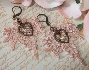 Soft Pink Venetian Lace earrings with Chocolate Ox Heart and Swarowski AB Crystal
