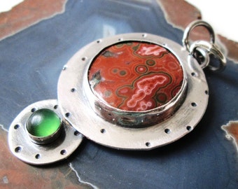 Red and Green Ocean Jasper Hand Stamped Pendant with Green Serpentine in Sterling Silver Necklace Jewelry