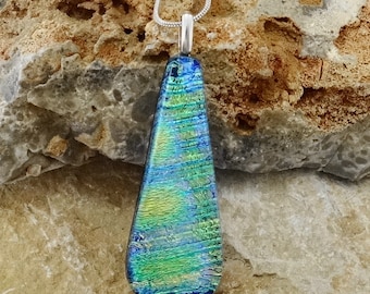 Green and Blue Dichroic Pendant, Fused Glass Necklace, Dichroic Glass Slide, Teardrop Pendant, Glass Slide, Green Glass Pendant