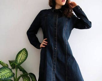 Vintage Button Up Dress Denim Midi Dress Long Sleeved Shirt Dress Hipster Denim Dress Long Denim Jacket Medium to Large Size Dress