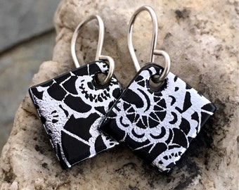 Little Dichroic Glass & Sterling Silver Earrings Black and Silver