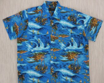Vintage Hawaiian Shirt 70s VAN CORT Surfer Shirt Aloha Shirt Beach Boy Surfin Paradise Tropical Print Mens - XL - Oahu Lew's Shirt Shack