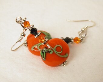 Pumpkin Earrings, Sterling Silver Thanksgiving Earrings, Halloween Earrings, Artisan Lampwork Pumpkin Jewelry, Thanksgiving Jewelry SRA