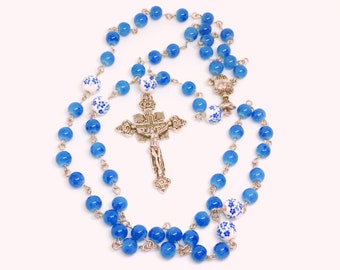 Lutheran Prayer Beads — China Blue and White With Blue Flowers — 5 Decades