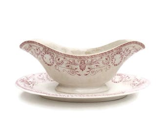 French Antique Creil & Montereau Labrador Marie Louise Gravy Sauce Boat Pink and White 1870's
