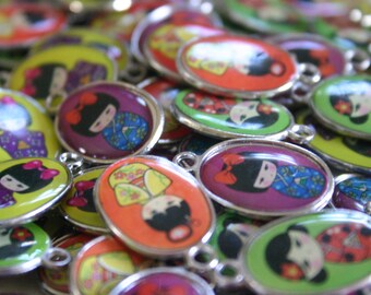 Kawaii Kokeshi Doll charms - 12 Metal and Glazed Assorted Japanese Kokeshi doll charms