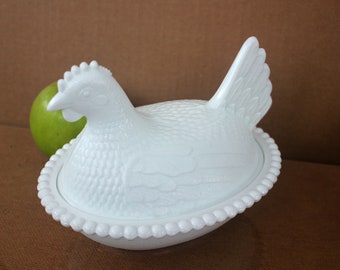 Vintage Glass Chicken Containers, Hen on Nest, ONLY ONE LEFT - White Milk Glass