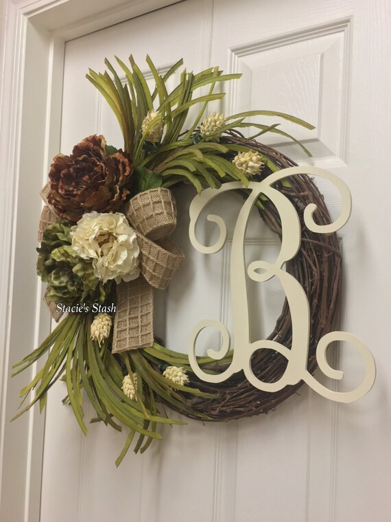 Neutral Front Door Wreath Monogram Wreath Front Door Decor