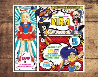 DC SUPERHERO GIRLS Invitation, Batgirl Birthday, Wonder Woman, Super girl, Harley Quinn, Dc Super hero girls Birthday party, Anniversarie
