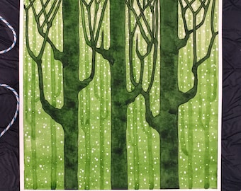 Forest, Trees, Green, Sap Green, Olive, Silhouette, Stars, Watercolor, Painting