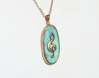 BLUE MUSIC Necklace, Gold Treble Clef, Blue Jasper Stone, Music Pendant, Music Note Necklace, Music Teacher Gift, Music Student, Music Gift