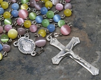 Glass Cat's Eye Rosary in Pastel Colors, 5 Decade Rosary, Sacred Heart, Multi-Color Rosary, Catholic Rosary, Easter Rosary, Rosary Beads