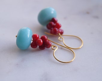 Modern Coral Drop Earrings, Coral Jewelry, Gift for Her, 24k Gold Vermeil Ear Wires, Blue Amazonite Dangle Earrings