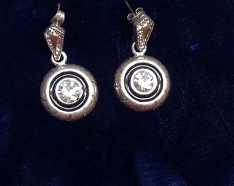 Vintage Silver Tone/Black Rhinestone Pierced Earrings