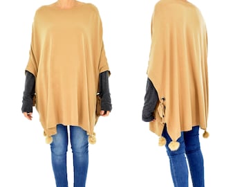 IM600BG Poncho Knit Cape one size laced Pompoms gr. 38-44 Curry