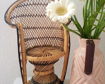 Vintage miniature rattan Peacock Chair, Boho plant stand, peacock doll Chair