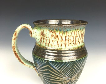 green geometric pottery mug, green mug, coffee mug, ceramic mug, ceramic cup, green cup