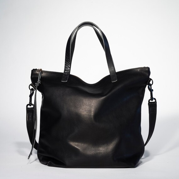 Large Black leather tote bag zipper tote black leather bag