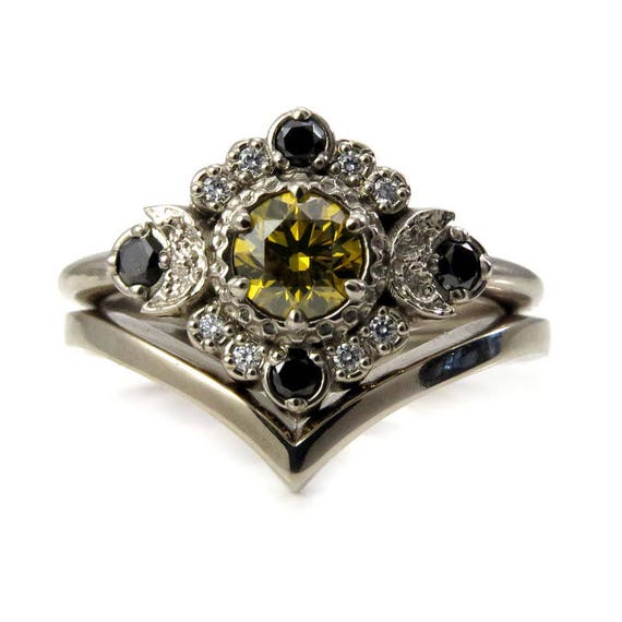 Diamond Moon Engagement Ring with Chevron Wedding Band - Irradiated Yellow Diamond with a Black and White Diamond Halo
