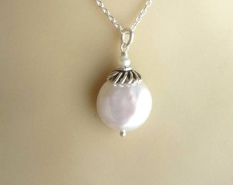 White coin pearl sterling silver necklace