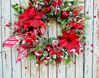 Peppermint Christmas Front Door Wreath, Holiday Wreaths, Red and White Wreaths, Christmas Fireplace Wreaths, Candy Cane Wreath W246