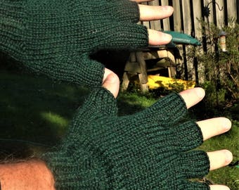 Half Finger Gloves Men's Dark Green Pure Baby Alpaca Half Finger Gloves Hand Knit Green Hand Warmers Men's Baby Alpaca Half Finger Gloves
