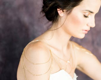 Gold Pearl Shoulder Necklace, Silver Bridal Shoulder Jewelry, Rose Gold Shoulder Chain, Wedding Statement Necklace, Body Jewelry, GINESSA