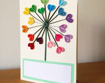 Quilled heart dandelion flower greetings card for birthday, wedding, baby shower