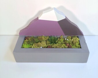 Mount Fuji Wooden Desk Plant Landscape pot art with Preserved Moss and Plants