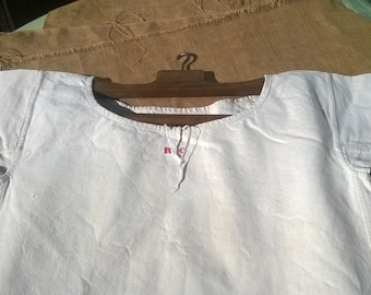Rustic Victorian 1850's Linen Dress Unused Handmade French Country Side Red Monogram "RC" Large Rustic Nightgown #SophieLadyDeParis