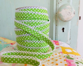 Lime Green Polka Dot Crochet Edge Bias Tape (No. 8). Sewing Supplies. Quilt Binding. Double Fold Bias Tape.