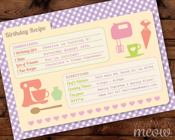 recipe card birthday party cookie bake invitation instant recipe card program