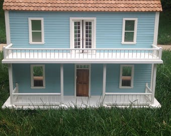 Vintage Blue and White 3 Story Dollhouse with Unfinished Interior-new condition!