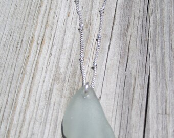Silver beaded chain with a Lg. Lt. Seafoam Sea Glass Necklace