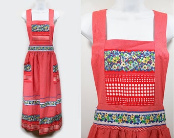 Vintage 70's Red Floral Full Length Apron