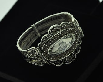 Antique Victorian Silver Ornate Orient Design Filigree Panel Bracelet