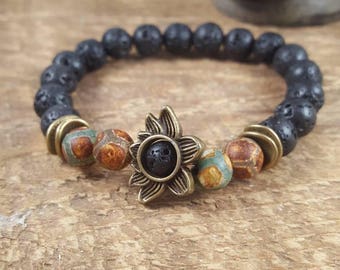 Mala Beads, Mala Bead Bracelet, Lava Stone Bracelet, Lotus Bracelet, Essential Oil Diffuser Bracelet