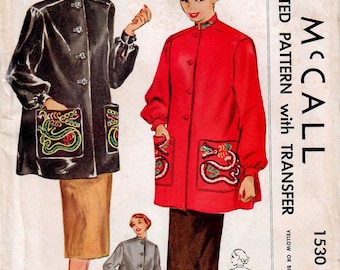 1950s McCall 1530 UNCUT Vintage Sewing Pattern Misses Smock, Oriental Smock, Dragon Hand Embroidery Size 18 Bust 36