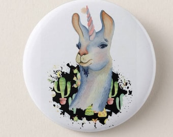 Badge pin 32mm lama who thinks a Unicorn